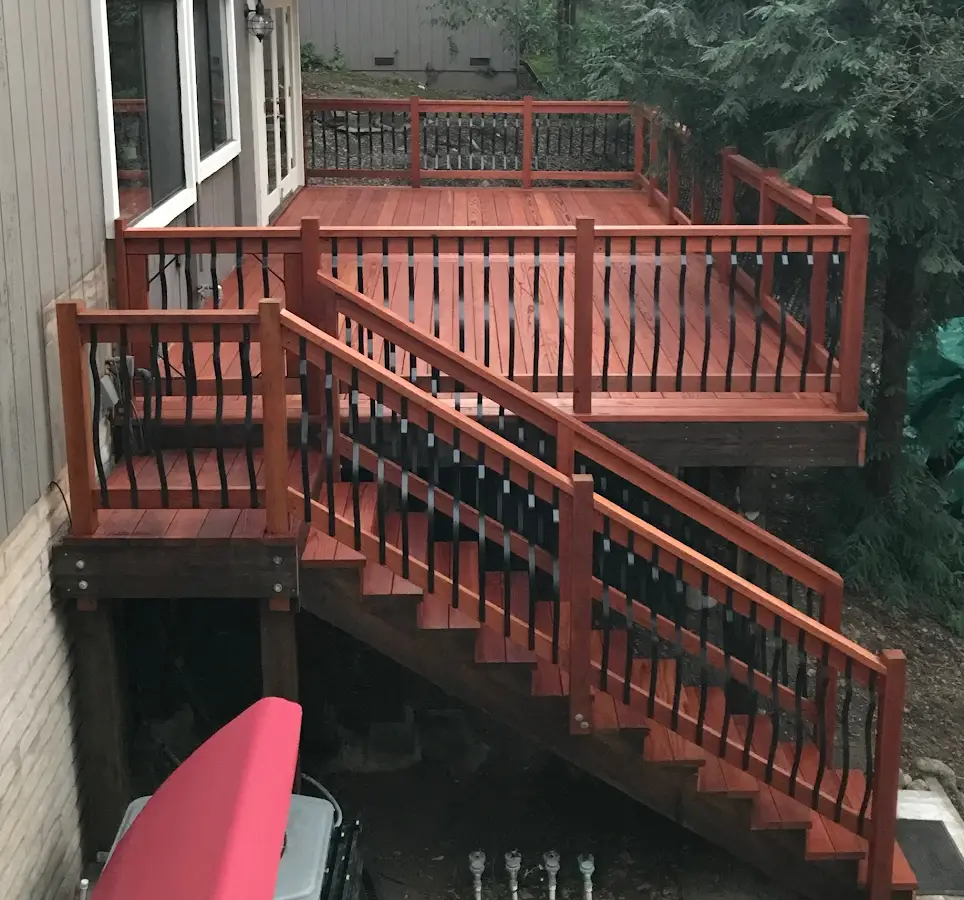 Wood deck and stairs with contrasting rail balusters