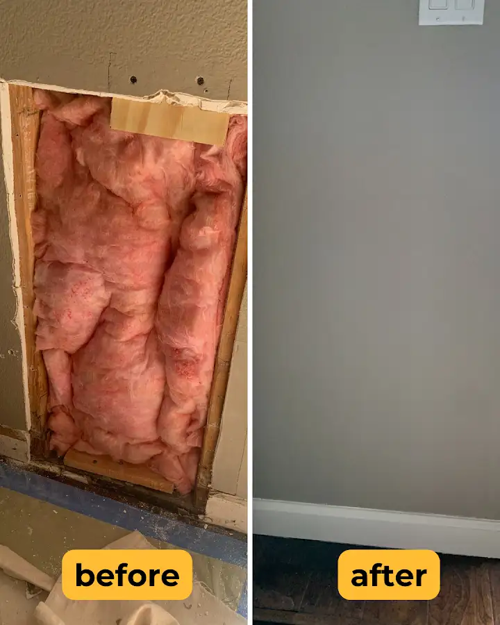Insulated wall repair and matching texture before and after
