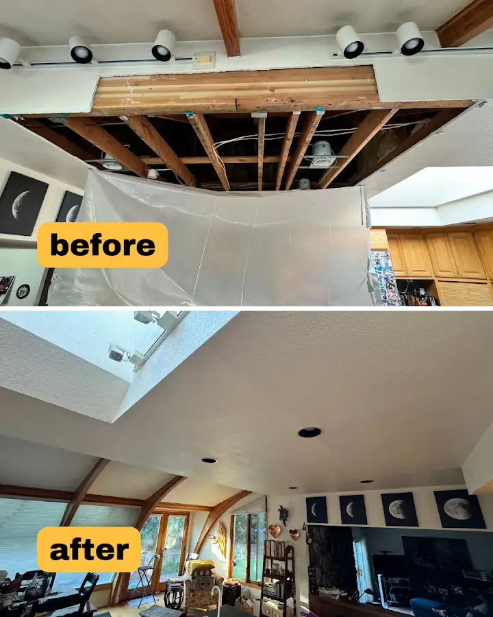Before and after repairing a large opening in a living room ceiling