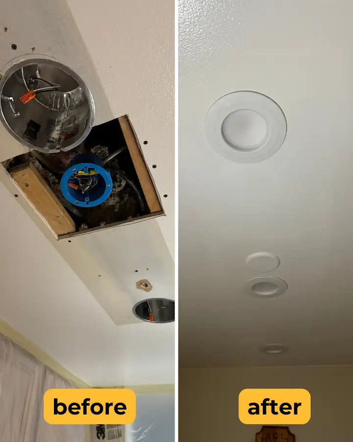 Ceiling repair around recessed lighting before and after