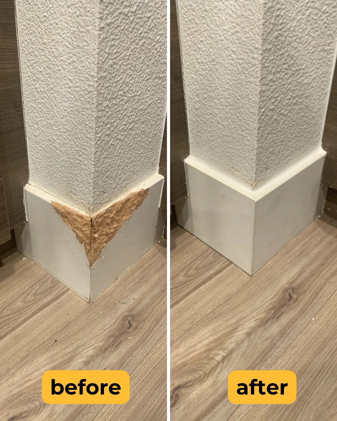 Before and after a damaged interior corner repair
