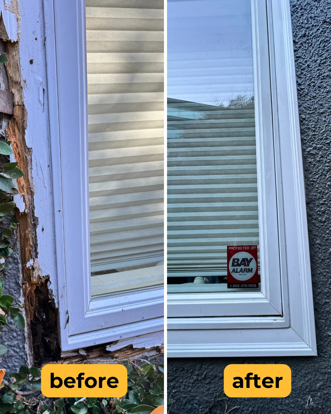 Before and after exterior window trim repair