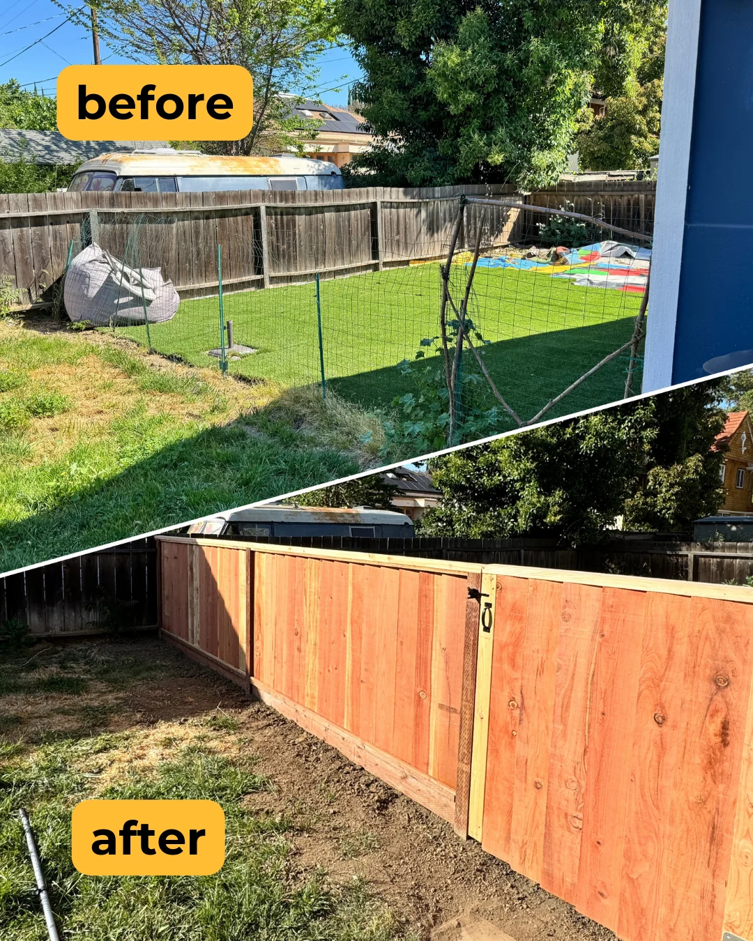 Before and after backyard fence installation