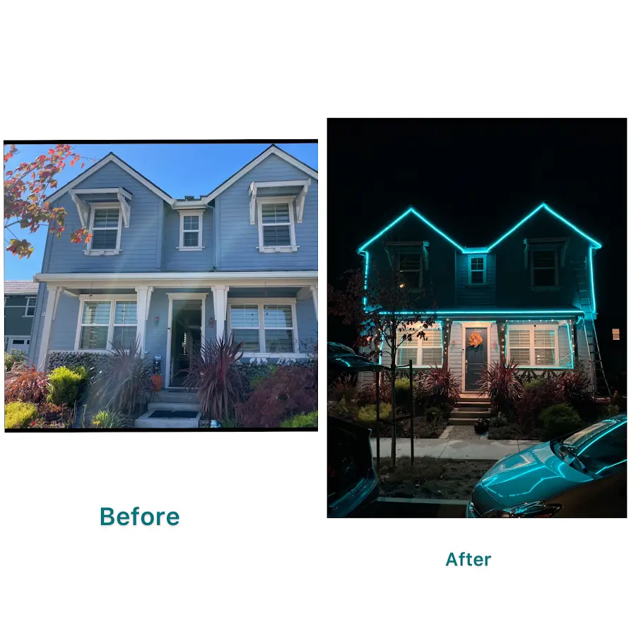 Before and after installing outdoor roofline lights