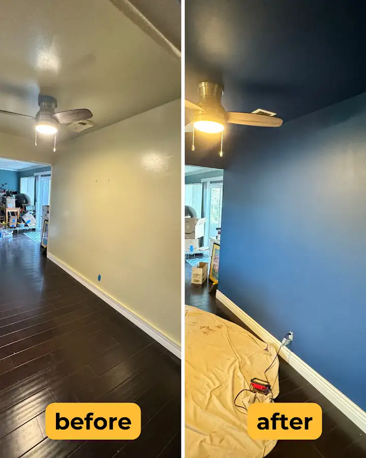 Before and after comparison of a room repainted dark blue